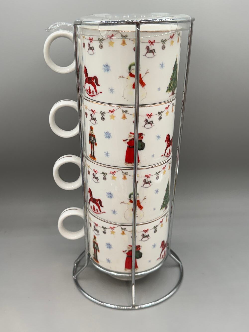Sweet Living Collection Set of 4 Christmas Nutcracker Stacking Mugs in Stand NEW